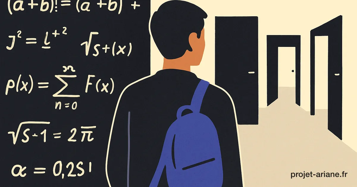 Illustration crème et indigo : un étudiant de dos face à un tableau de formules et plusieurs portes ouvertes au loin