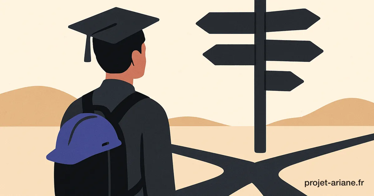 Jeune diplômé devant des chemins fléchés, casque de technicien dans son sac, illustration aux tons crème et indigo